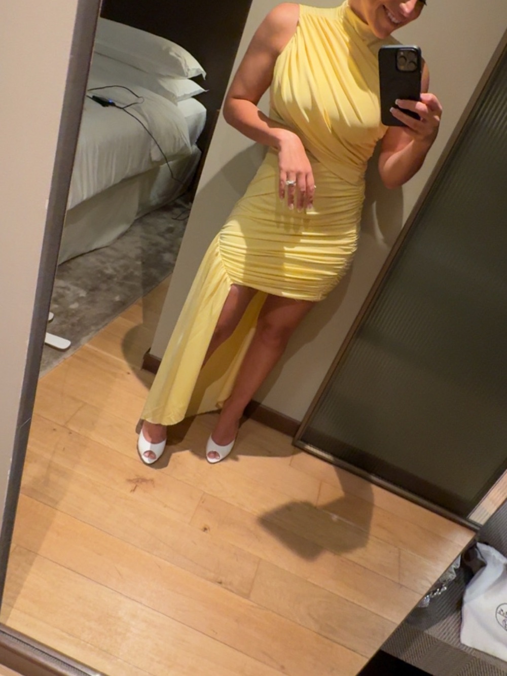 Yellow One-Shoulder Ruched Asymmetric Dress